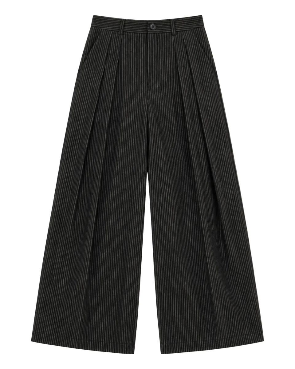 Pinstripe Wide Leg Semi-Flare Multi Pleated Pants