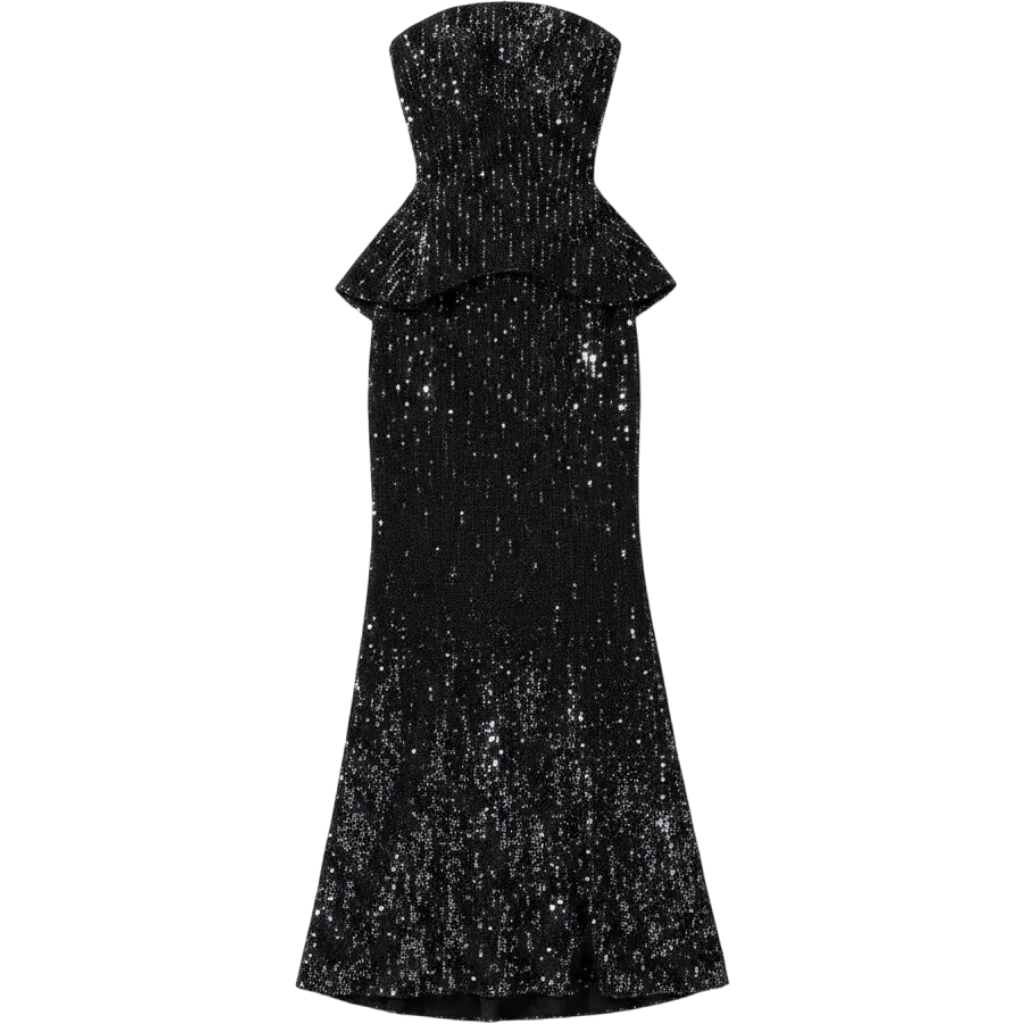 Sequined And Stone-Embellished Corset Gown With Peplum Detail And Side Chain Jewellery