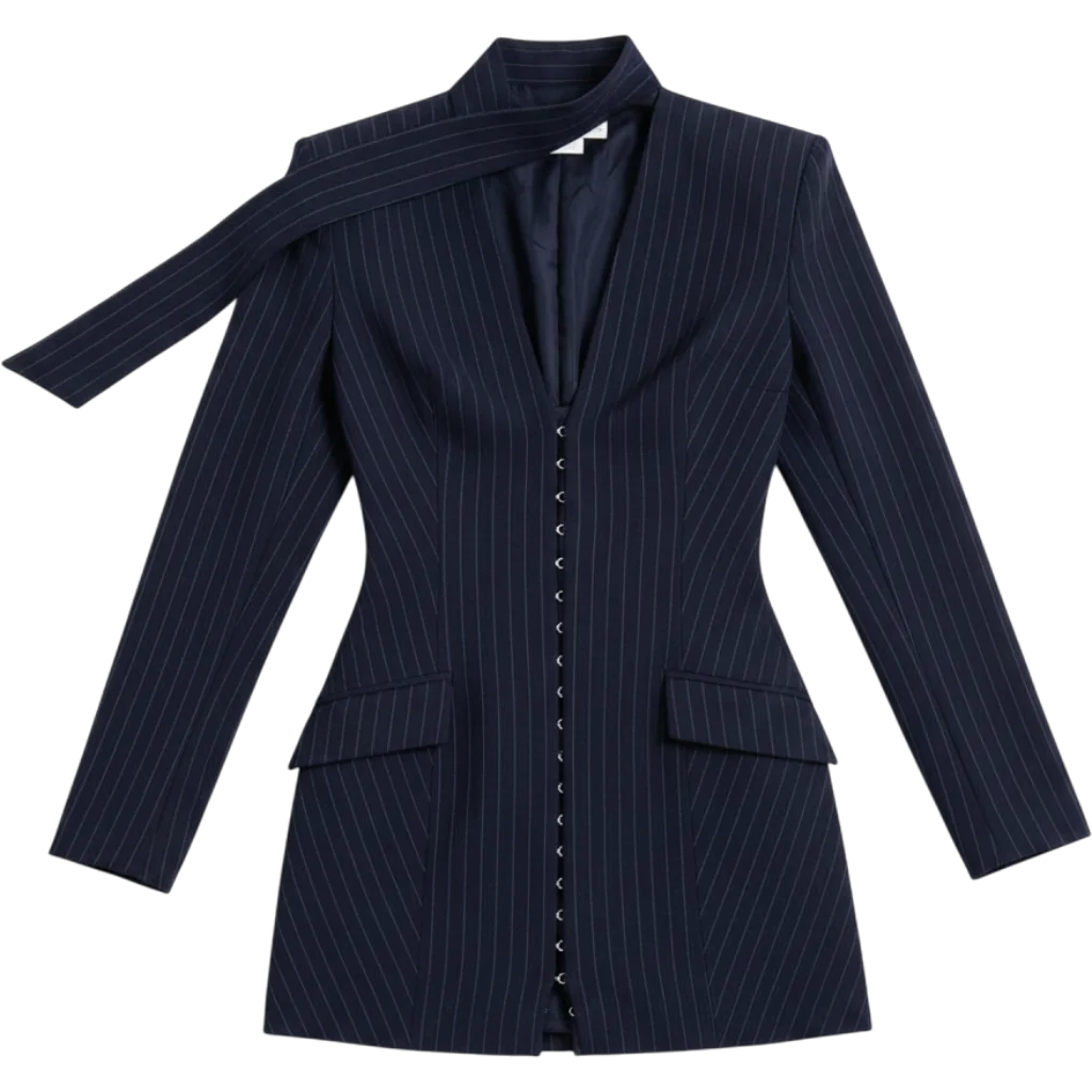 Tahlia Deep V Pinstripes Scarf Collar Blazer Dress