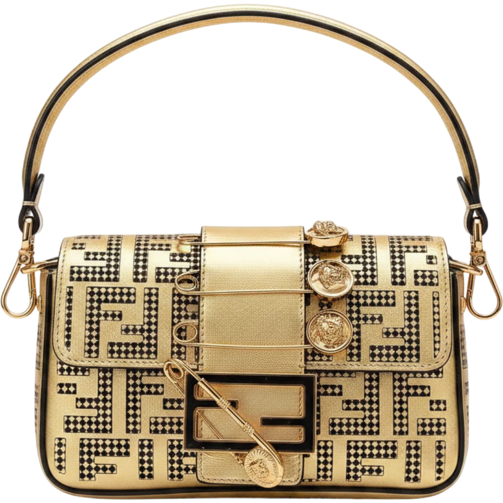 Fendi X Versace Fendace Logo Metallic Brooch Baguette Nm Zucca Leather Mini Bag