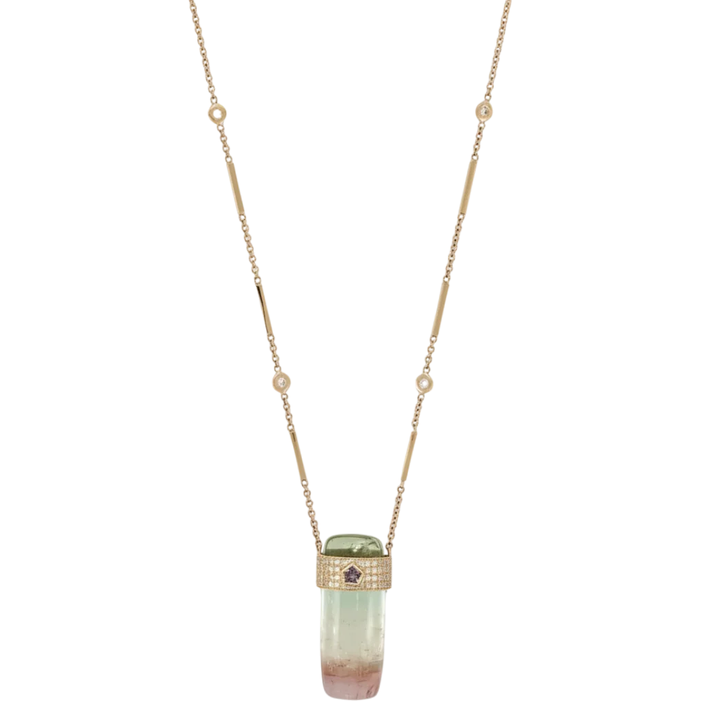 Pavé Sapphire Center Cap + Watermelon Tourmaline Crystal Necklace